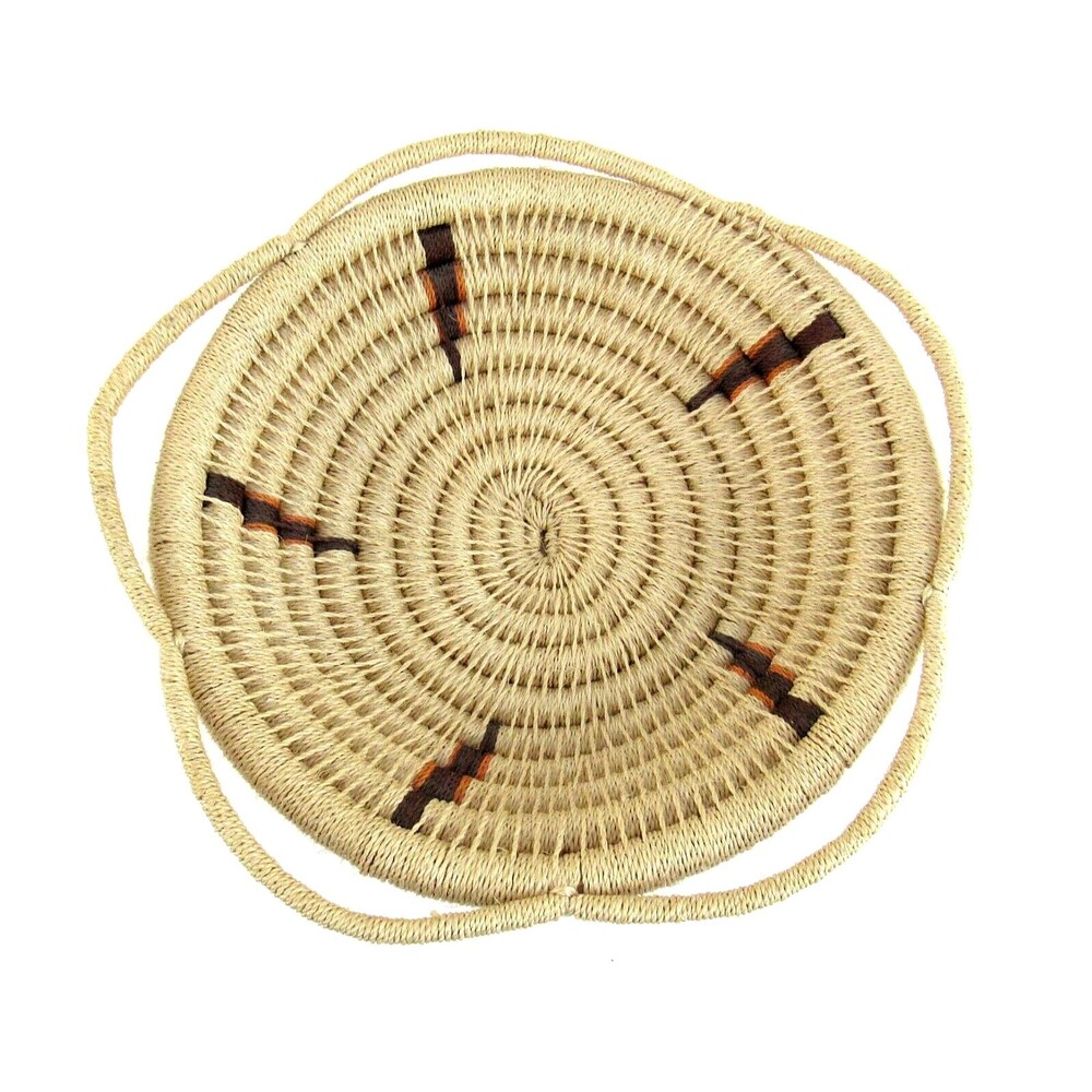 Hand Woven Coiled Basket with Handles Maroon Orange Zigzag Boho Tribal Decor